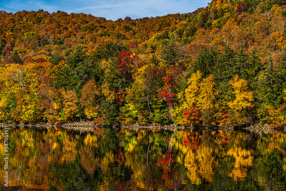 Trees on the mountain in the Fall and their reflection in the lake