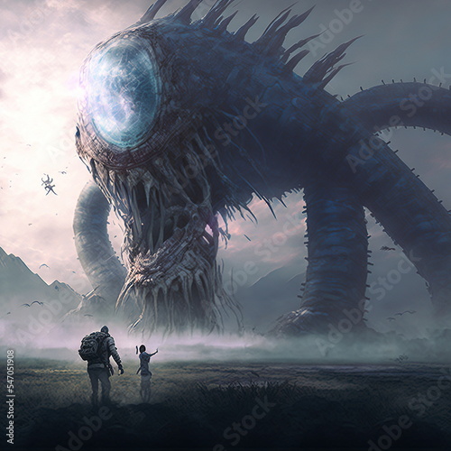 Gigantic big Alien monster attacking humans in a cinematic dramatic lighting 3D illustration