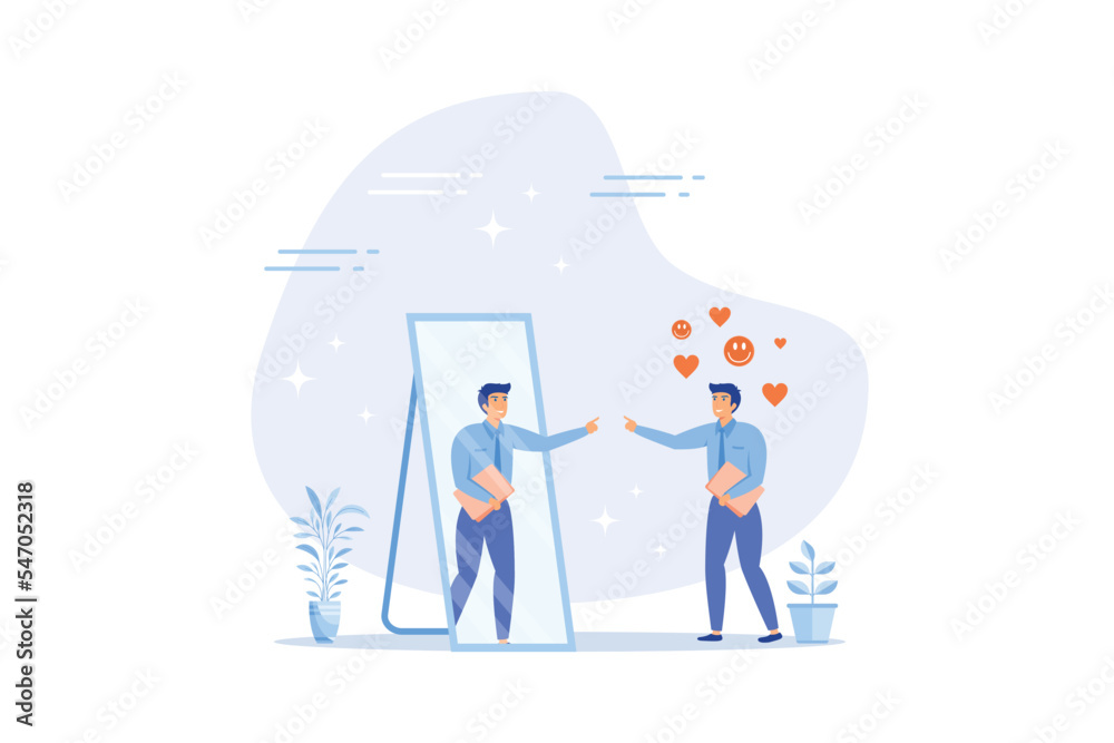 Self acceptance, love and respect yourself, key to success, confidence and positive thinking, attitude or mindset for leader concept, flat vector modern illustration