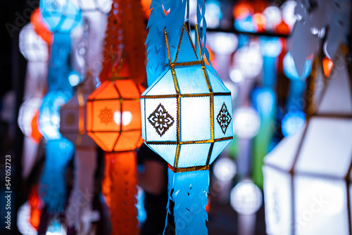 The light of the Beautiful Colorful Lanna lamp paper lantern background pattern are northern thai style lanterns in Phitsanulok Thailand.full moon the 12th month Be famous.