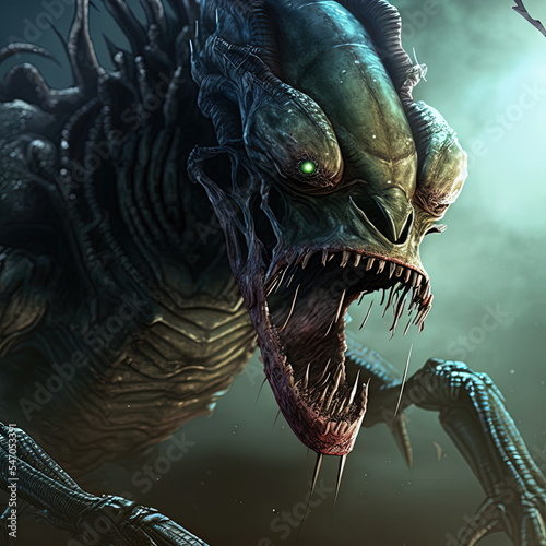 realistic skin Alien monster screaming in a cinematic dramatic lighting 3D illustration © Ecleposs