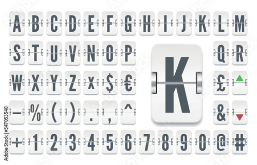 White airport terminal mechanical scoreboard light font for stock exchange rates. Vector illustration. Airline flip board alphabet to display flight departure or finance information