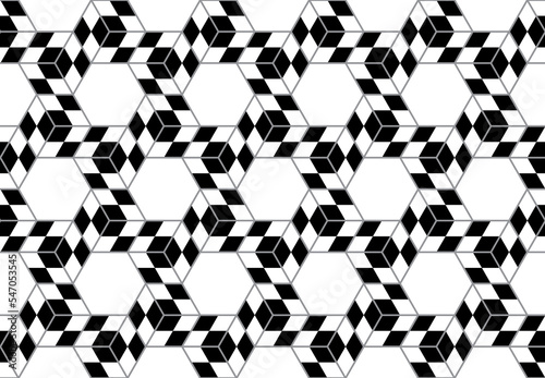 Abstract 3d effect cube shapes with black checked sqaures wrapped around hexagons in a repeating geometric pattern, PNG transparent background
