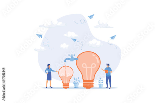 Sharing idea or knowledge sharing, transfer information or wisdom to employees or colleagues, creativity or innovation, learning new skills concept, flat vector modern illustration