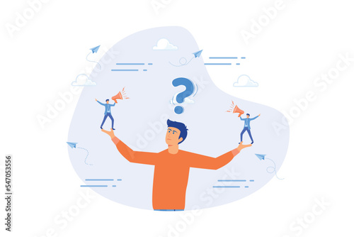 Dilemma or moral conflict, disagreement or argument for business direction, decision problem or question, choosing choice, alternative or solution concept, flat vector modern illustration