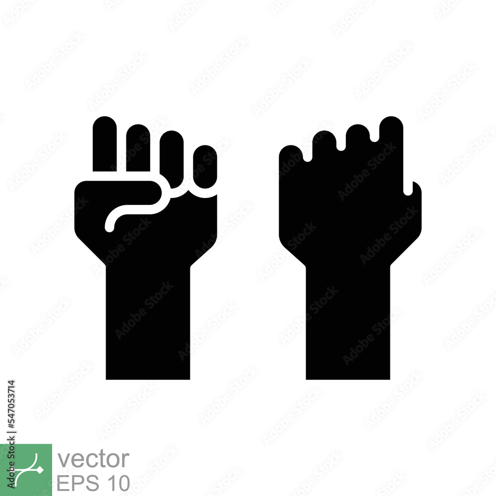 Fist raised up icon. Simple solid style. Strong arm, hand power, unity, revolution, protest, freedom concept. Glyph vector illustration isolated on white background. EPS 10. Fist raised up icon. Simple solid style. Strong arm, hand power, unity, revolution, protest, freedom concept. Glyph vector illustration isolated on white background. EPS 10.