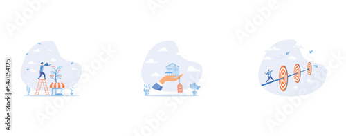 Growing business or expand shop, real estate or housing payment, journey to succeed in work and career concept, set flat vector modern illustration