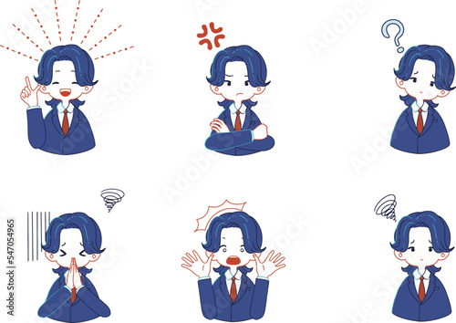 スーツを着ている人物の様々な表情のイラストセット