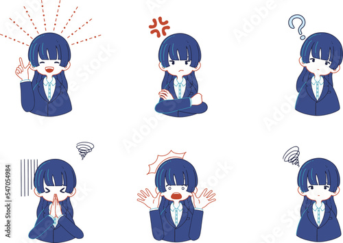 スーツを着ている人物の様々な表情のイラストセット