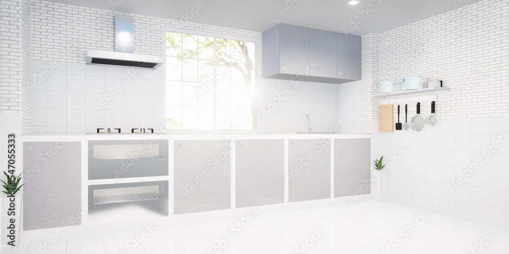 3d rendering of kitchen room. Interior decor by white tile floor, clear glass in window, cabinet, counter sink and smoke hood. Include green nature and empty space for product display or background.
