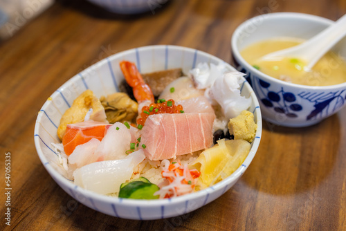 Japanese sashimi rice bowl in restaurant