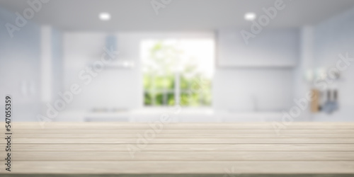 3d rendering of wood counter, table top. Include blur kitchen, light from window and nature. Modern interior design in perspective. Empty space with wooden texture pattern at surface for background. 