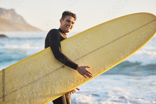 Canvas Print Portrait, man and surfing board, beach and summer training, freedom and happiness outdoors in South Africa