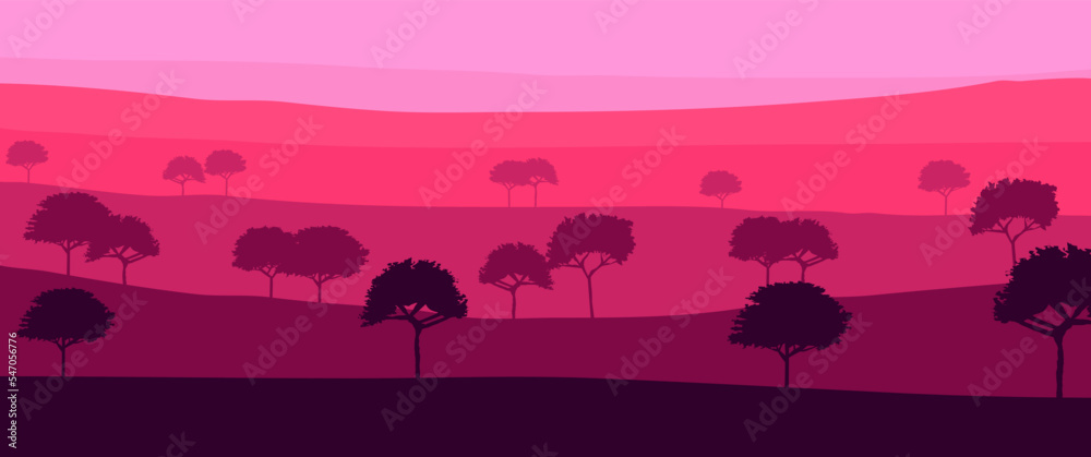 Mountain or hill layers landscape beautiful scenery vector illustration with trees silhouette. Perfect for background, wallpaper, desktop background, desktop wallpaper, travel banner background.