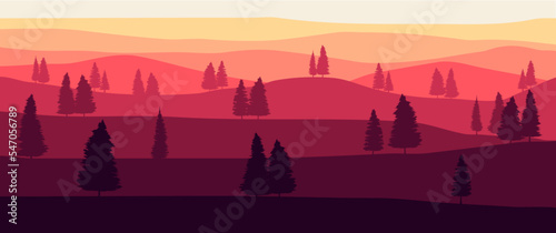 Mountain or hill layers landscape beautiful scenery vector illustration with trees silhouette. Perfect for background, wallpaper, desktop background, desktop wallpaper, travel banner background. © Izzul Khaq