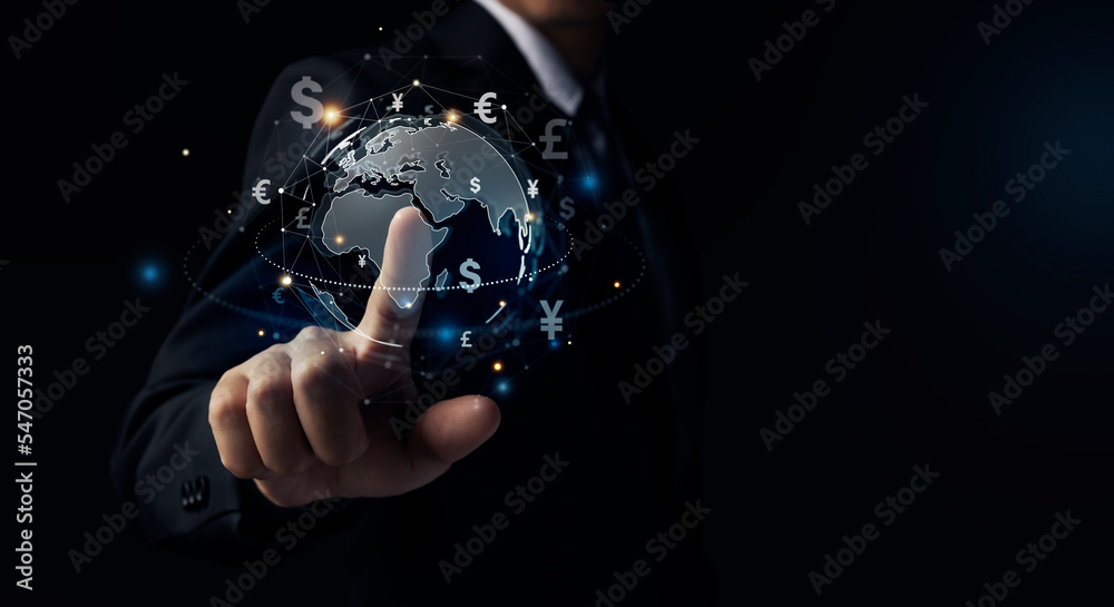 Εκτύπωση καμβά Hand touching globe and currency, Money exchange, digital banking, interbank payment concept