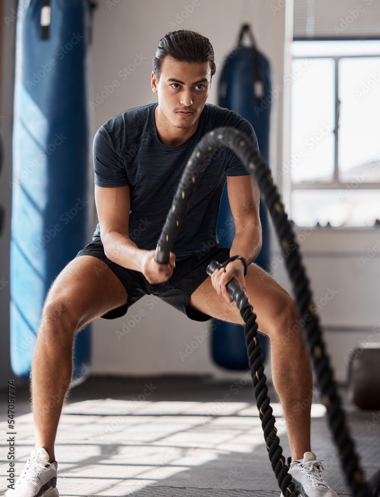 Φωτογραφία Fitness, man and rope exercise, training and workout, muscle, energy and wellness in sports gym
