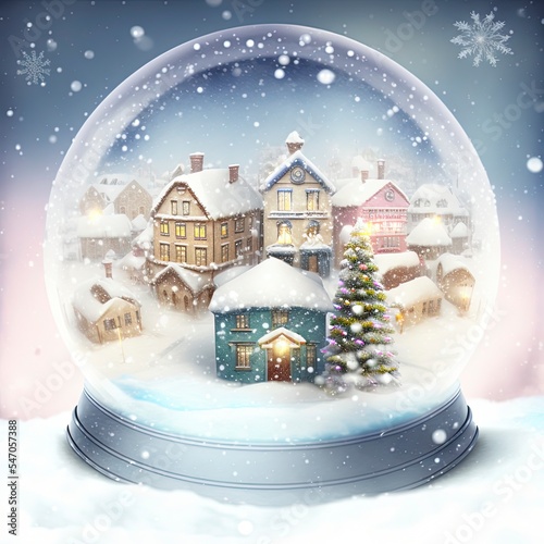 winter wonderland with little town and Christmas tree inside a snow globe , snowing, festive. 