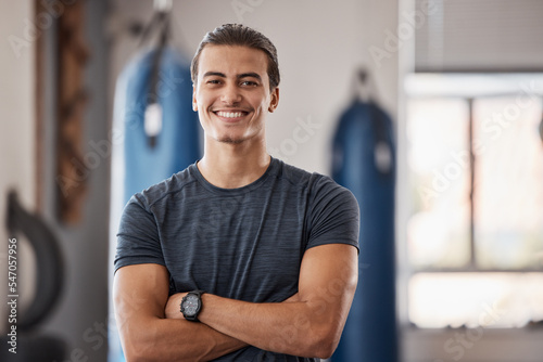 Obraz na płótnie Gym, fitness and portrait of proud man standing with smile, motivation, health and energy for training