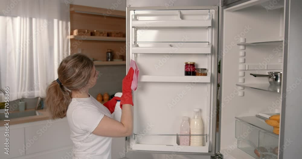 Young housewife cleaning refrigerator inside at modern kitchen