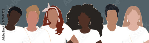 A group of diverse people with different skin colors stand together in white t-shirts. All people are equal. Modern flat vector illustration.
