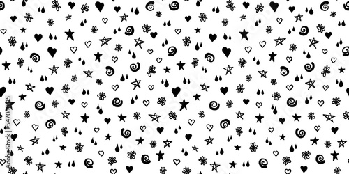 Cute hand drawn doodle tattoo flash sheet with star, heart, flower, spirals and tear drop good luck charms seamless pattern. Black and white ink pen or marker kidult scribble drawing background.
