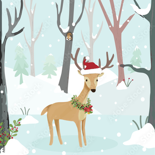 Cute reindeer on christmas day in winter forest
