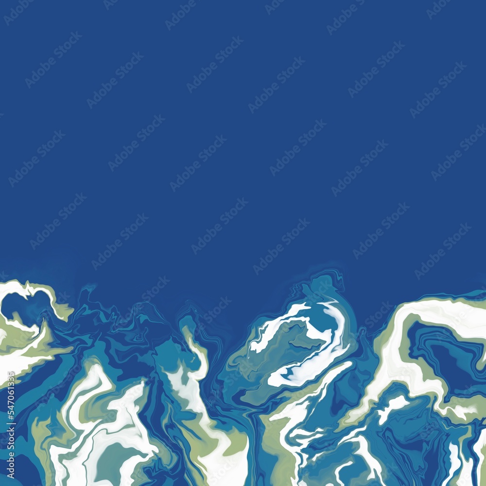 アクリルフルイドアートの正方形抽象テンプレート）青い背景に白と緑のマーブル　液体やインクのテクスチャ