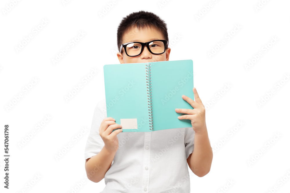 Kid with eyeglasses hiding face behide book and looking at camera Kid with eyeglasses hiding face behide book and looking at camera