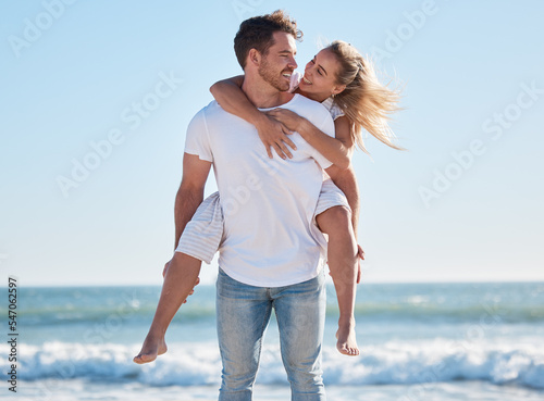 Canvas Print Beach love, blue sky and couple hug on outdoor adventure for romantic date, peace or nature freedom