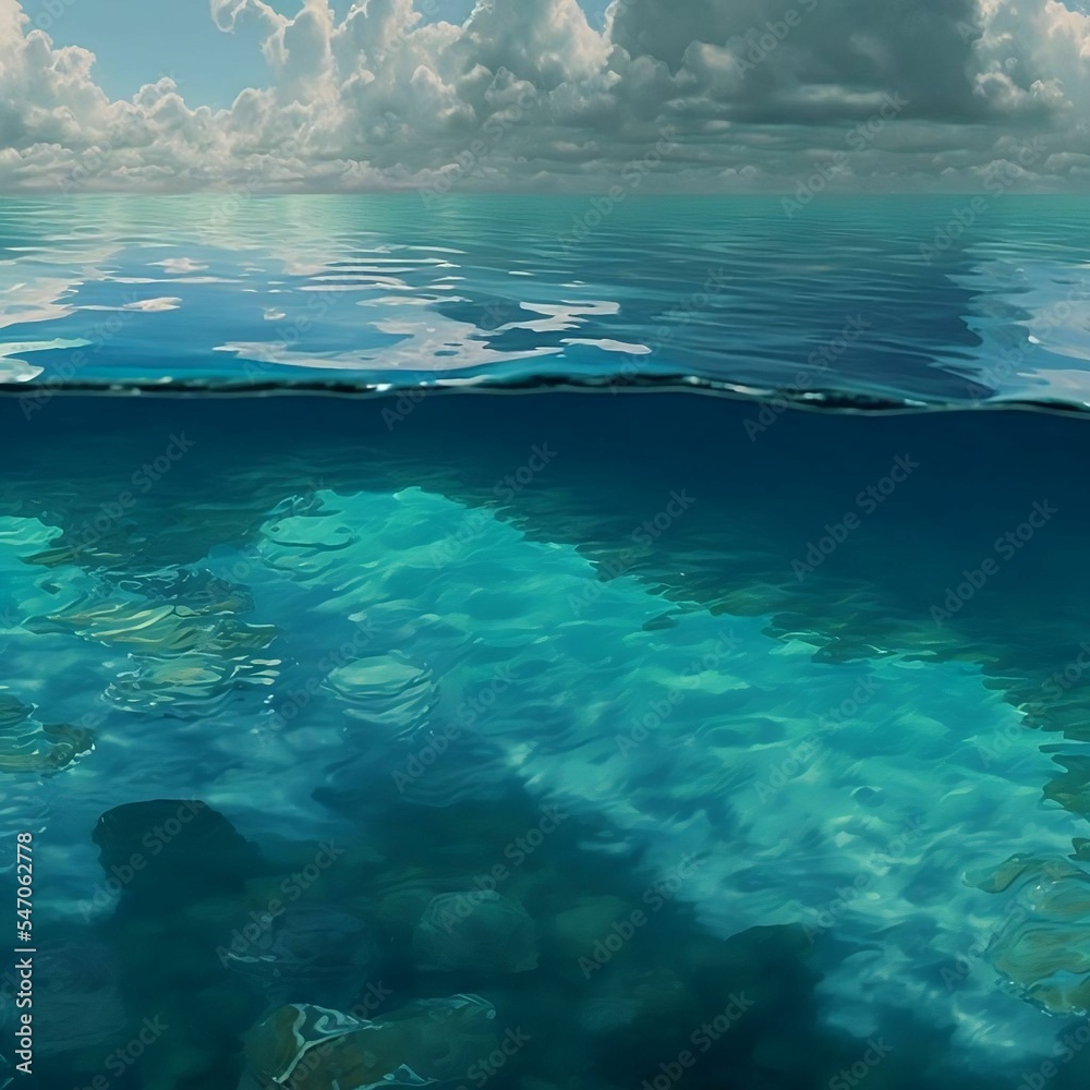 Beautiful Clear Blue Ocean Water View Half Above and Half Below the Surface | Created using Midjourney and Photoshop Beautiful Clear Blue Ocean Water View Half Above and Half Below the Surface | Created using Midjourney and Photoshop