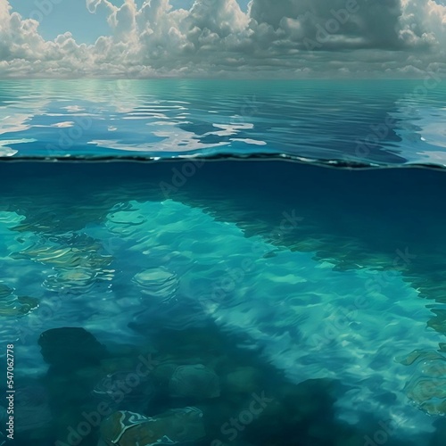 Beautiful Clear Blue Ocean Water View Half Above and Half Below the Surface | Created using Midjourney and Photoshop