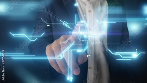 Business man touching global network and data on technology background using tech devices