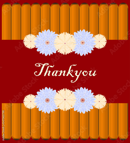 Red thankyou card with flower bunches and wooden sticks
