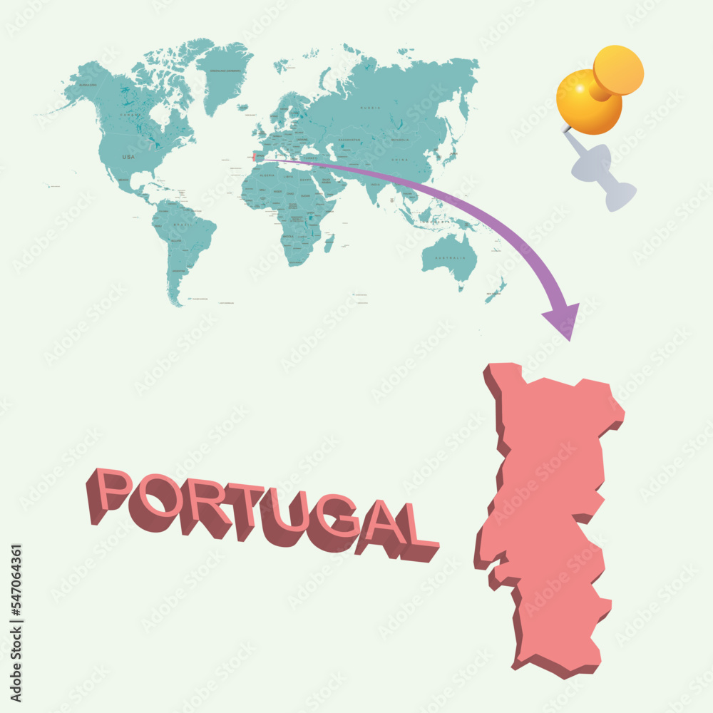 3D World map. Portugal on Earth