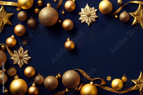 Golden decorative Christmas baubles and balls over blue background. Flat lay, top view. Xmas banner mockup with copy space