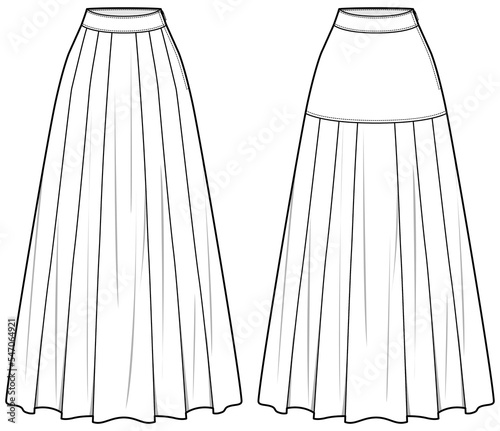 womens high waist a line full length flared maxi skirt flat sketch vector illustration technical cad drawing template