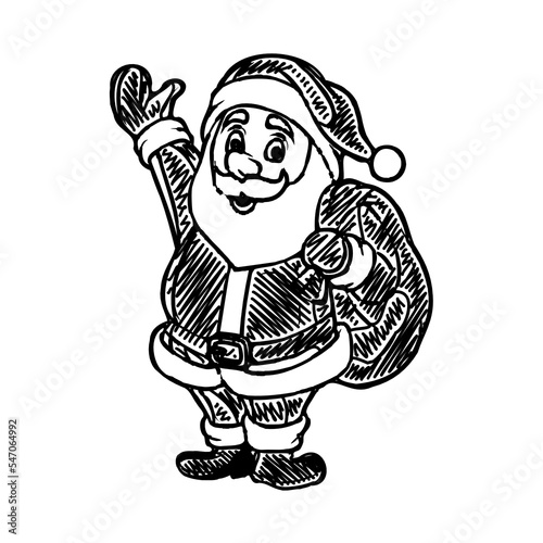 black and white santa claus drawing sketch for greeting elements and christmas background
