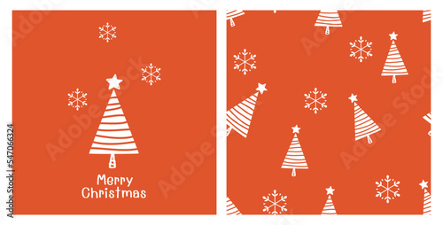 Christmas tree seamless pattern with snowflakes on red background. Christmas card with pine tree, snow and hand written fonts on red background vector. 