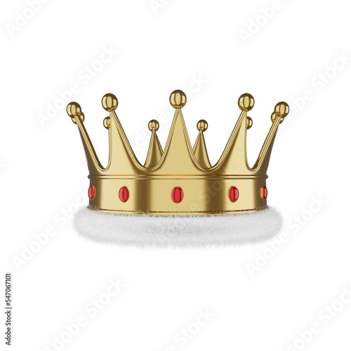 gold royal crown red gem and white fur isolated on white background. gold crown 3d illustration 