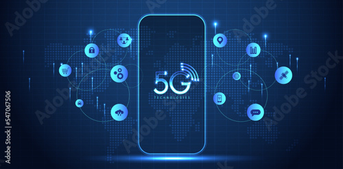 Wallpaper Mural 5G technology with computer and mobine network connection line between building. Connectivity and global networks systems and internet of things concept. vector design. Torontodigital.ca