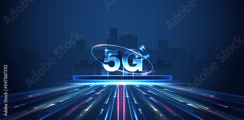 5G technology with computer and mobine network connection line between building. Connectivity and global networks systems and internet of things concept. vector design.