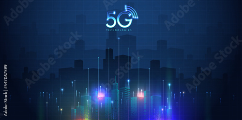 5G technology with computer and mobine network connection line between building. Connectivity and global networks systems and internet of things concept. vector design.