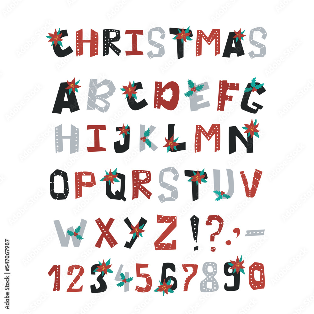 Set of christmas alphabet, punctuation marks and numbers.