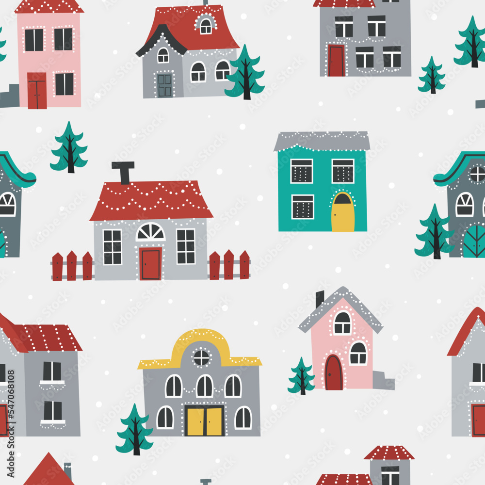 Christmas seamless pattern with cute houses.