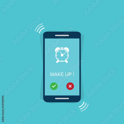 Alarm. Phone with app alarm clock on the screen.