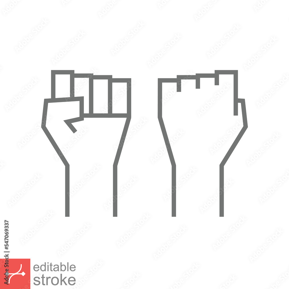 Fist raised up icon. Simple outline style. Strong arm, hand power, unity, revolution, protest, freedom concept. Thin line vector illustration isolated on white background. Editable stroke EPS 10.