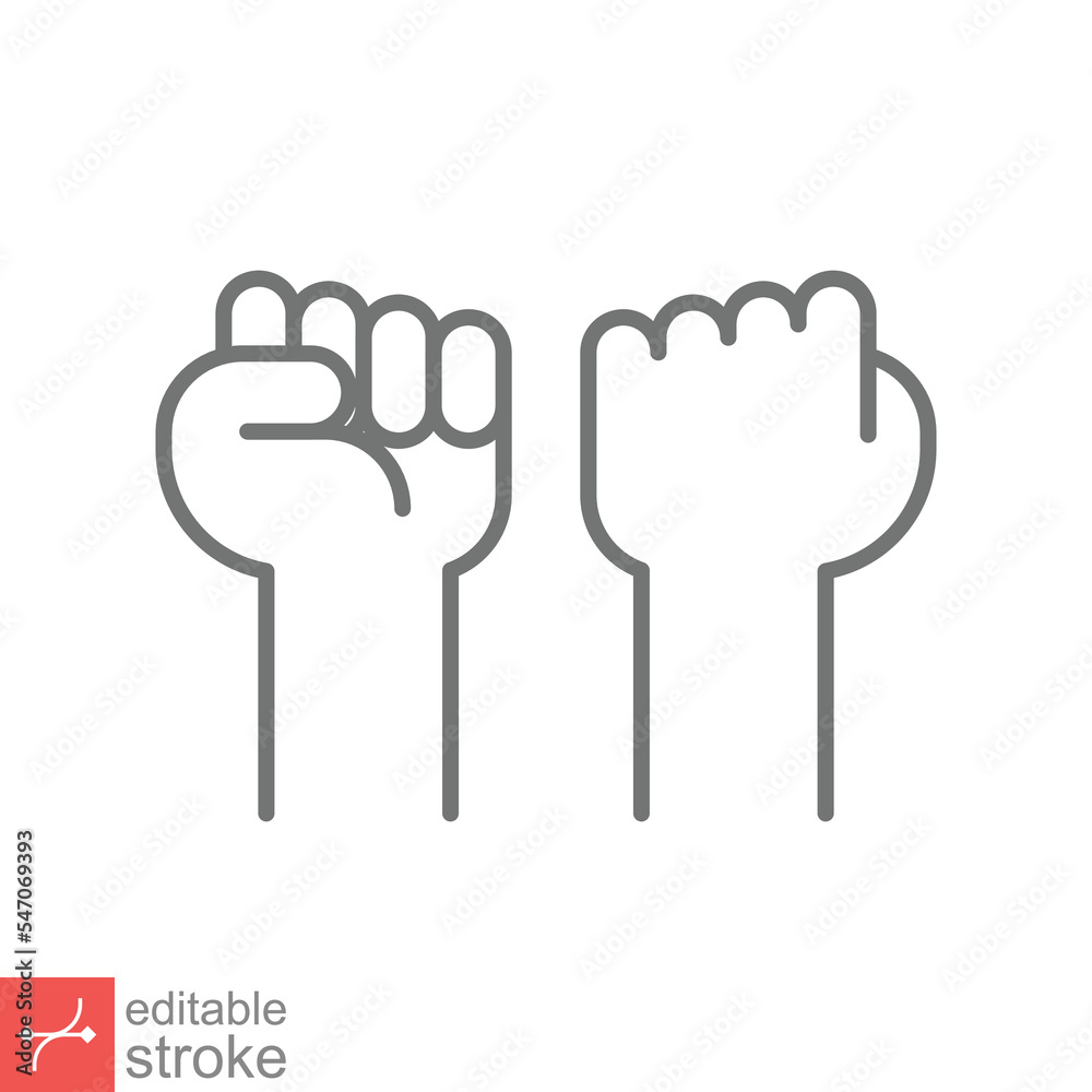 Fist raised up icon. Simple outline style. Strong arm, hand power, unity, revolution, protest, freedom concept. Thin line vector illustration isolated on white background. Editable stroke EPS 10. Fist raised up icon. Simple outline style. Strong arm, hand power, unity, revolution, protest, freedom concept. Thin line vector illustration isolated on white background. Editable stroke EPS 10.