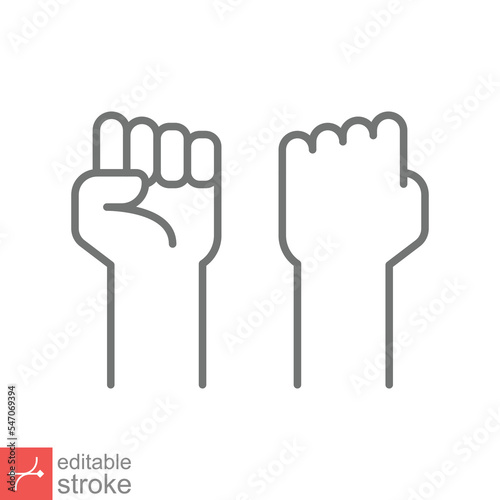 Fist raised up icon. Simple outline style. Strong arm, hand power, unity, revolution, protest, freedom concept. Thin line vector illustration isolated on white background. Editable stroke EPS 10.