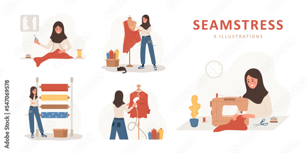Sewing concept. Islamic woman seamstress sews, cuts, takes measurements and streams clothes. Fashion designer or dressmaker. Vector illustration in flat cartoon style. Hobby concept.